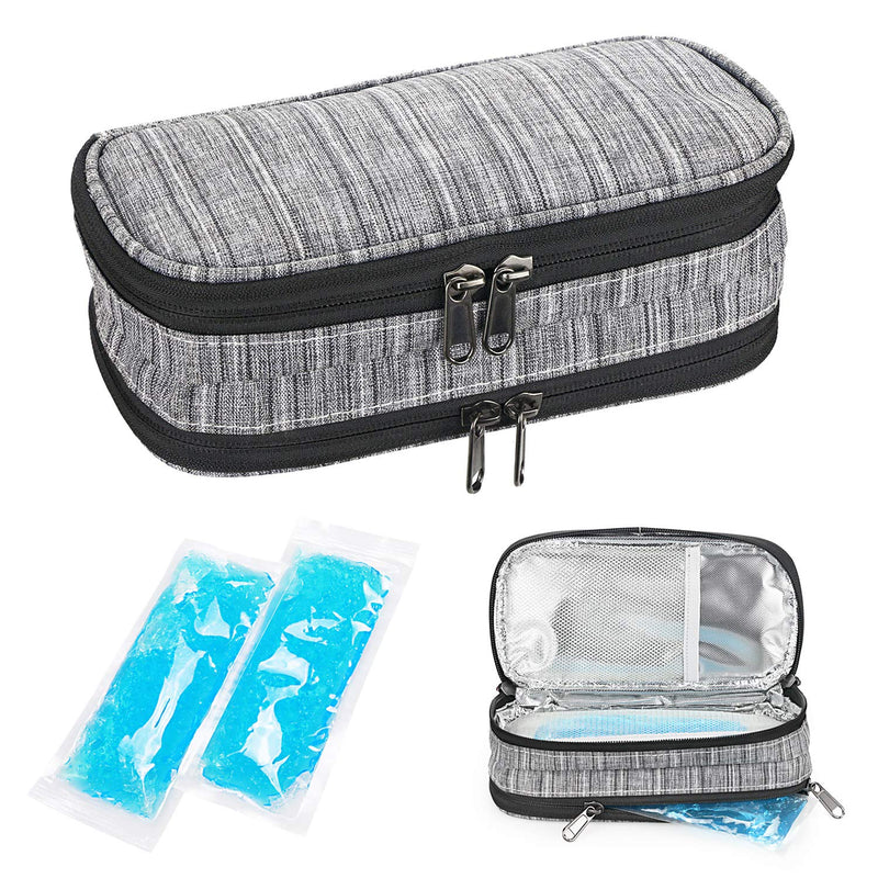 [Australia] - YOUSHARES Insulin Cooler Travel Case, Double Layer Handy Medication Insulated Diabetic Carrying Cooling Bag for Insulin Pen, Glucose Meter and Diabetic Supplies with 2 Cooler Ice Pack (Grey) 01 Gray 