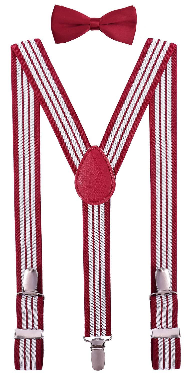 [Australia] - PZLE Men's Boys' Bow tie and Suspenders Set Adjustable Elastic 47 Inches(adult) Red White Stripe 