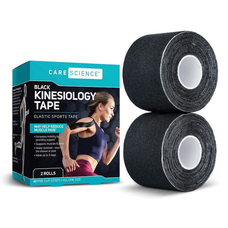 [Australia] - Care Science Waterproof Kinesiology Tape, 40 ct Precut Strips (2 Rolls), Black | Elastic Sports & Weightlifting Tape Supports Muscles & Joints. Water Resistant 