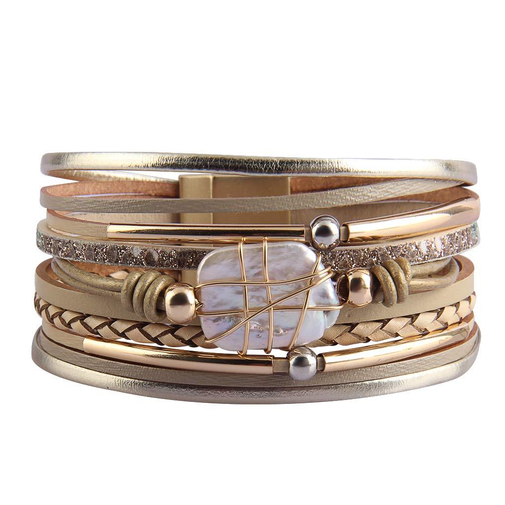 Leather Multilayer Bracelet Ladies Bracelet Women Magnetic Closure(Beige)