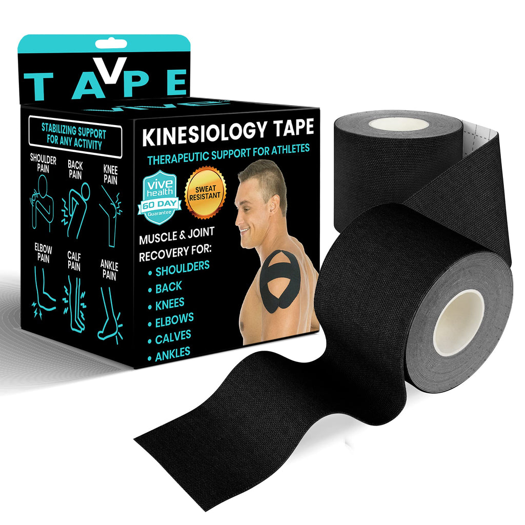 [Australia] - Vive Kinesiology Tape (16.4 Feet) - Therapeutic Athletic Support Tape - Uncut Kensio Roll - Muscle and Joint Recovery for Shoulder, Back, Knee, Elbow and Ankle Pain Relief - Waterproof for Sports Black 2" x 16.4' 