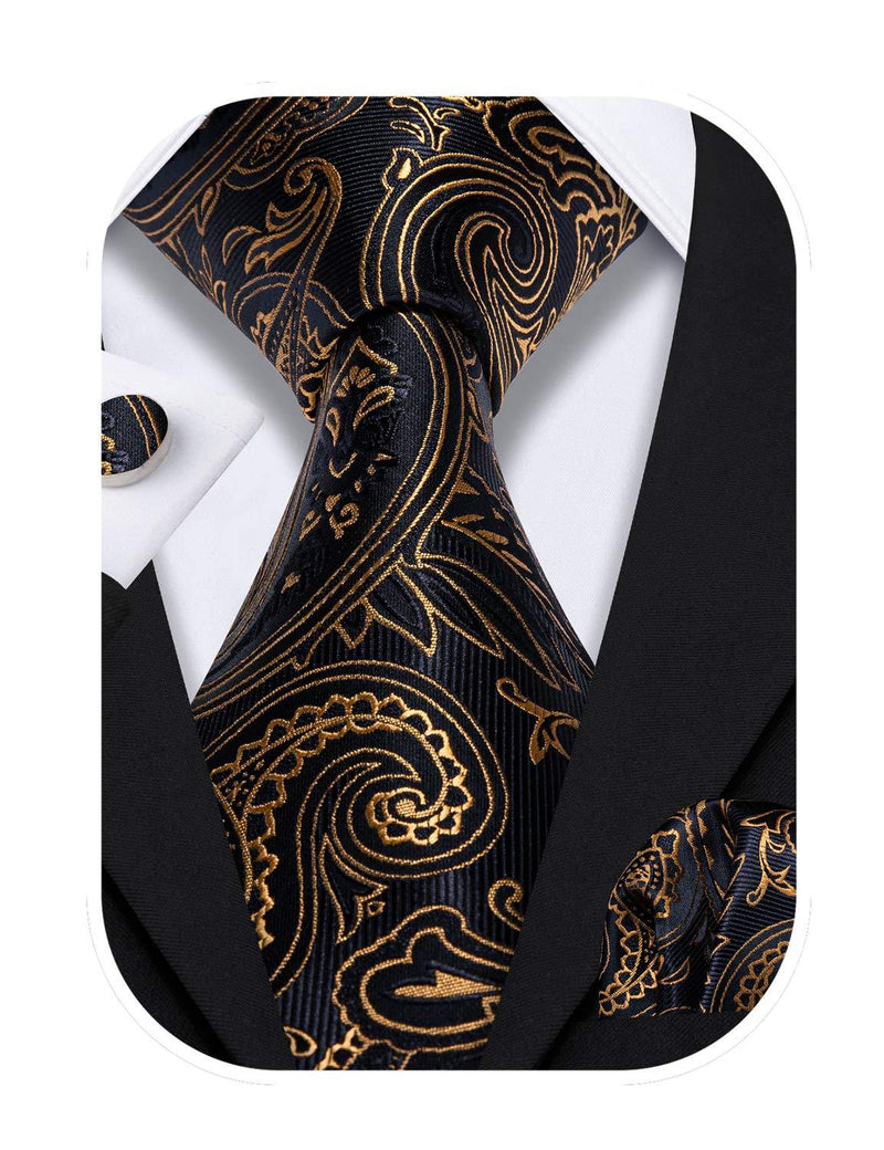 [Australia] - Barry.Wang Paisley Tie Fashion Set Hanky Cufflinks Neckties for Men Woven Silk Ablack and Orange 