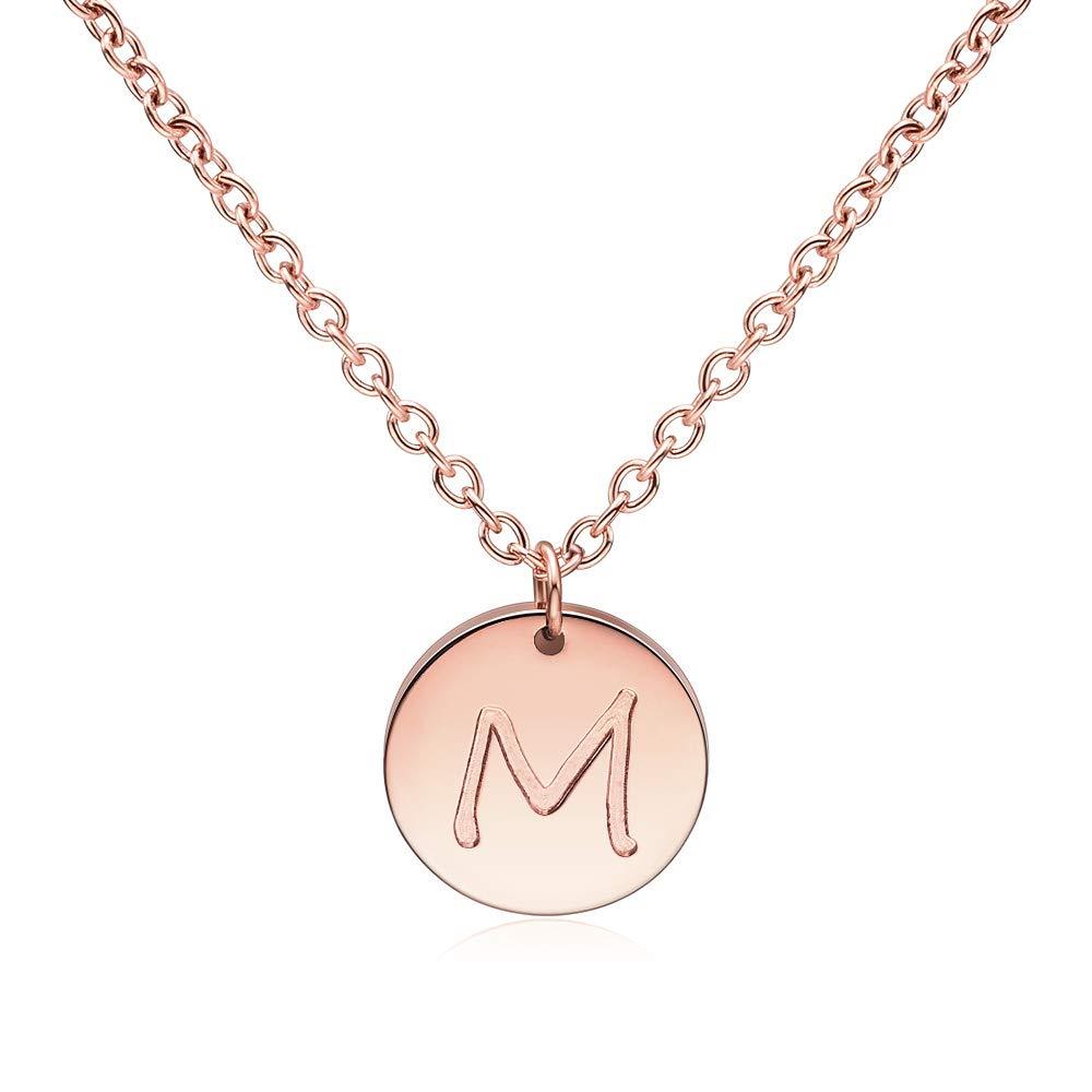 [Australia] - THREE KEYS JEWELRY 10mm 12mm Rose Gold Initial Necklace Tiny Heart Engraved Dainty Alphabet Letter Disc Pendant Small 316L Stainless Steel Initial Necklaces for Women Girls M-10mm 