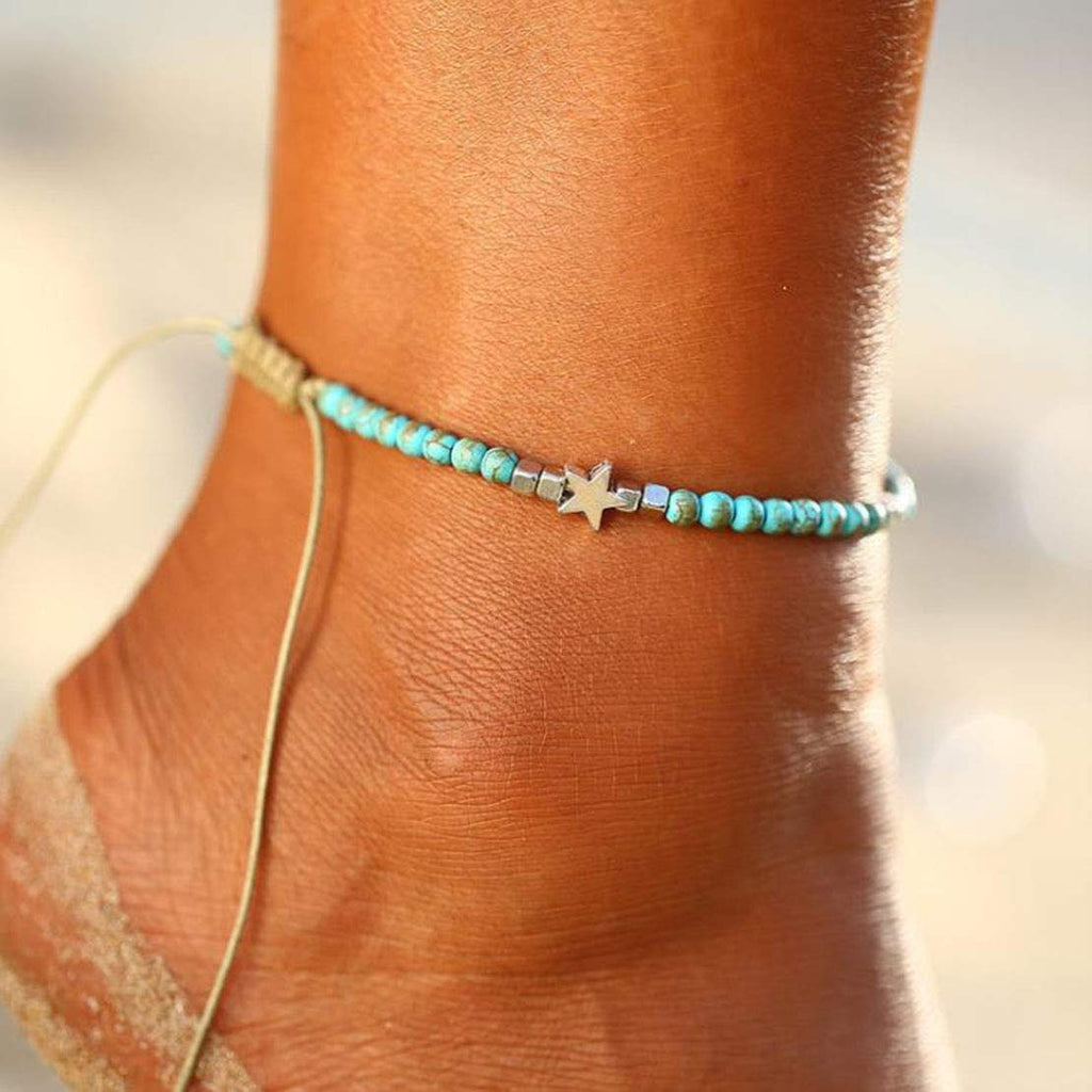 [Australia] - Fangsen Bohemian Wax Rope Turquoise Star Beaded Anklet Jewelry Anklet Chain Foot for Women and Girls Brown 