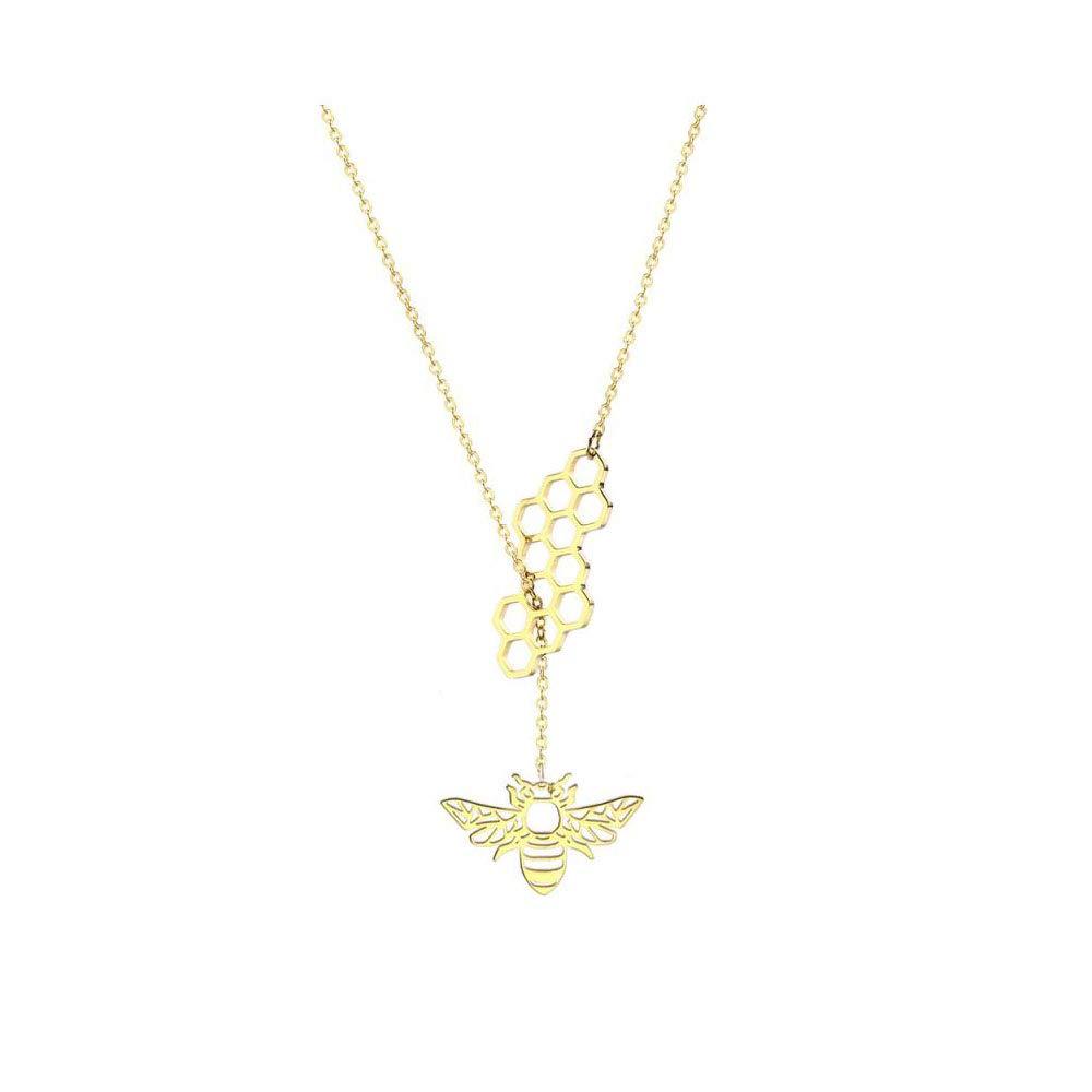 [Australia] - BELUCKIN Geometric Bee Hive with Honey Bee Lariat Y Necklace for Girls Teens gold 