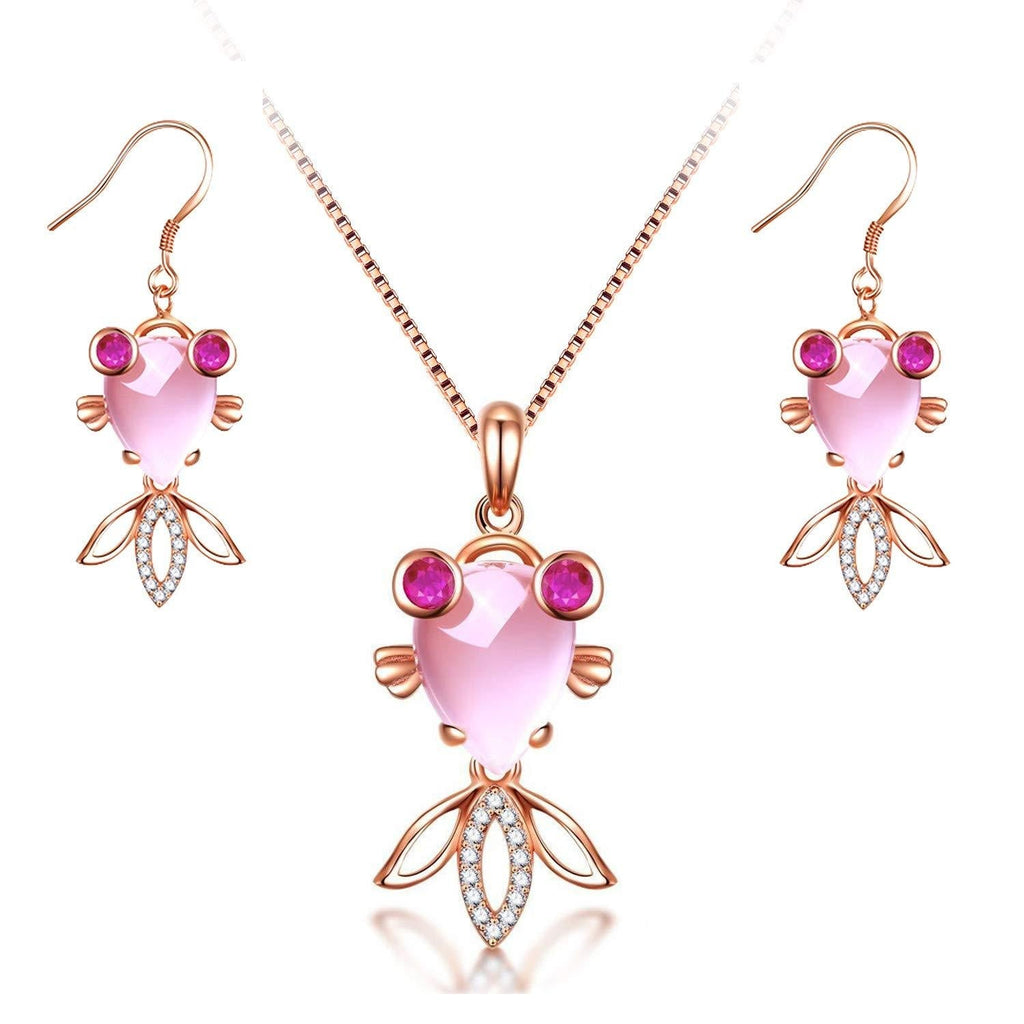 [Australia] - Uloveido Simulated Pink Jade Stone Crystal Rose Gold Plated Cute Goldfish Fish Pendant Necklace Fashion Jewelry for Girls Women DN236 Necklace and Earrings 