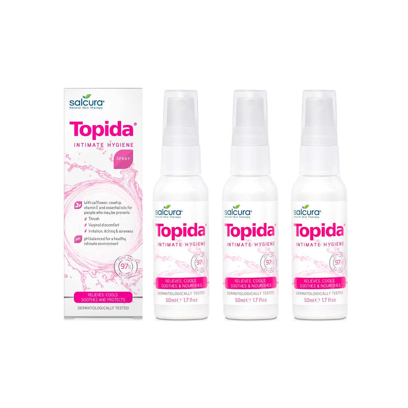 [Australia] - Salcura Natural Skin Therapy, Topida Intimate Hygiene Spray Trio Pack, Vitamin E & Essential Oils Perfect for Anyone Prone to Thrush, Vaginal Discomfort & Irritation Or Soreness 3 x 50ml Trio Pack 