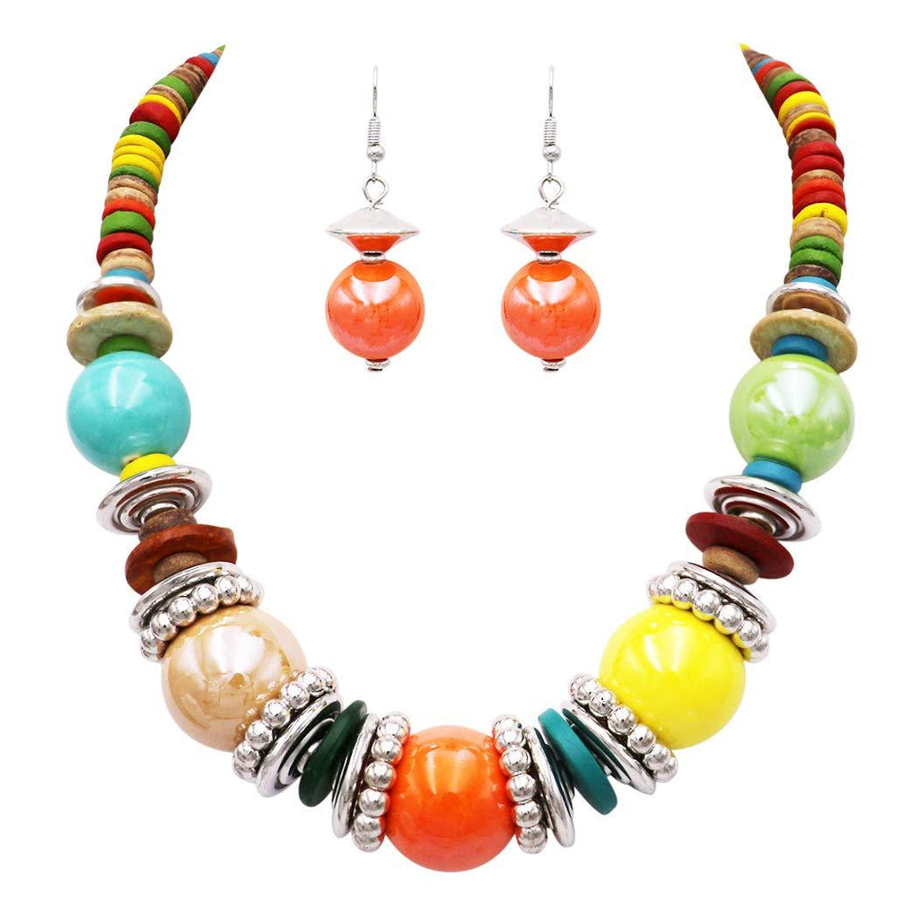 [Australia] - Rosemarie Collections Women’s Colorful Boho Bauble Glass and Wood Beaded Bib Necklace Drop Earrings Set 