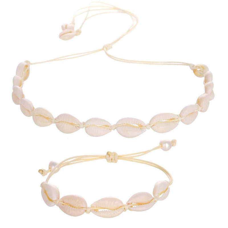 [Australia] - Natural Shell Necklace and Bracelet Jewelry Set Adjustable with Pearl Boho Handmade Cowrie Shell Choker Necklace Adjustable Beach Conch Jewelry for Women and Girls Bohemia Style 1# White-Beige 