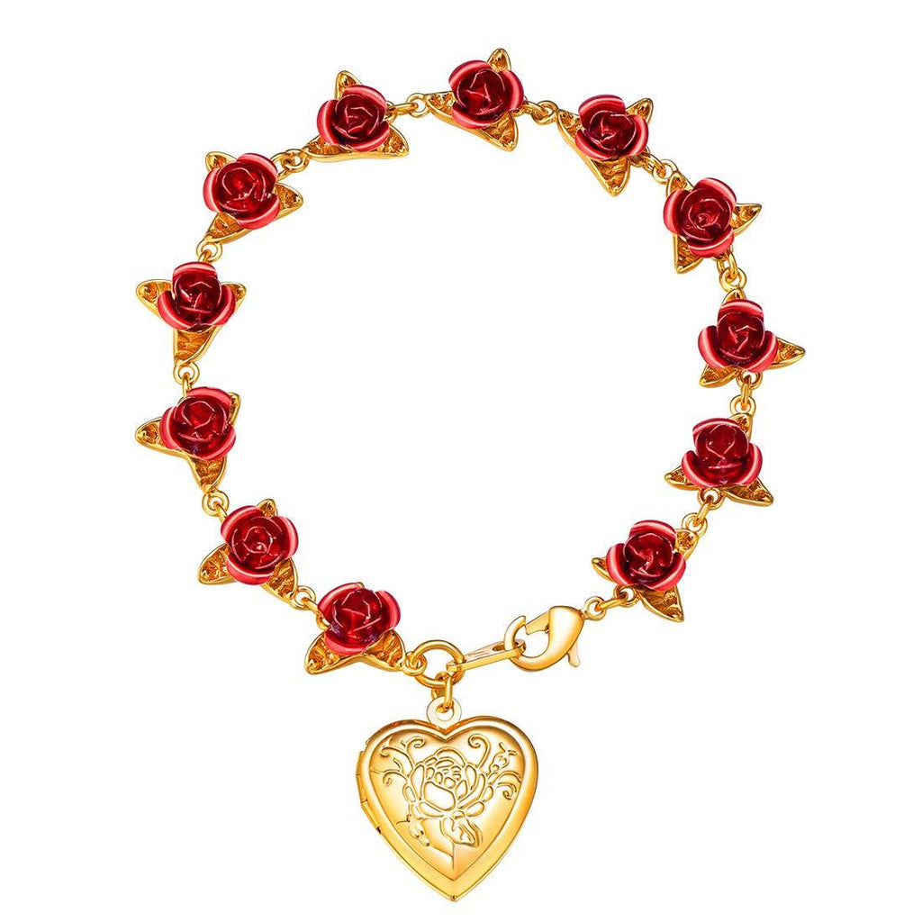 [Australia] - U7 Women Girls Rose Flower Charm Bracelet 18K Gold or Platinum Plated Link 12 Roses Jewelry Lover Gift with Custom Service, Gift Pacakage(Rose/Locket Style/ 100 Lauguages I Love You) B.Gold-(Locket Style) 