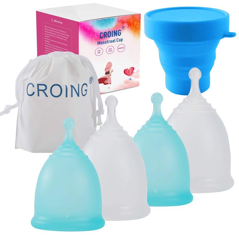 [Australia] - Croing 4pcs Menstrual Cup with 1 pc Sterilize Cup,Menstrual Cup Holder, Storing Period Cup(Blue and White) 