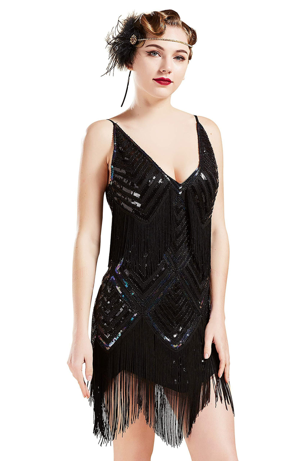 [Australia] - BABEYOND Women's 1920s Flapper Dress V Neck Slip Dress Roaring 20s Great Gatsby Dress for Party Black Small 