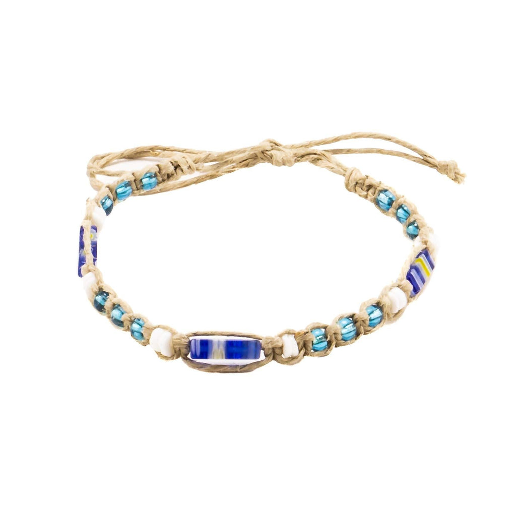[Australia] - BlueRica Hemp Anklet Bracelet with Puka Shell Beads & Dark Blue Murano Glass Tubes 