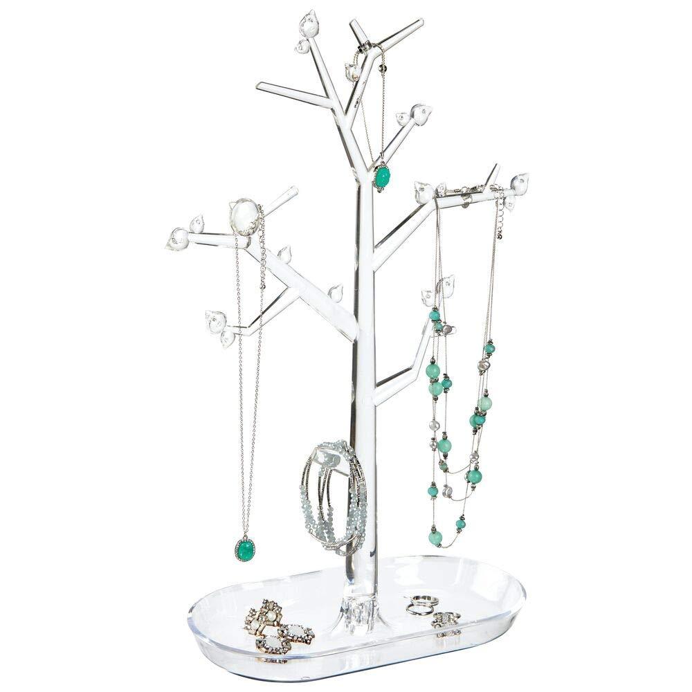 [Australia] - mDesign Decorative Plastic Fashion Jewelry Accessory Organizer Tower with Hooks and Storage Tray - Holds and Displays Necklaces, Chokers, Bracelets, Rings, Earrings - Tree Stand Design - Clear 