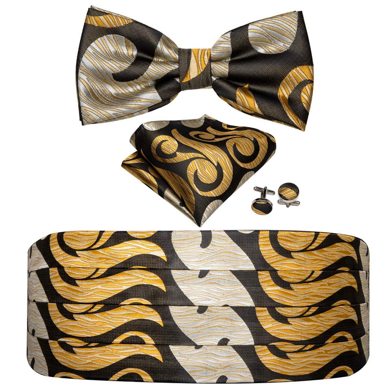 [Australia] - YOHOWA Cummerbund Bow Tie Set for Men, Silk Cummerbund Pretied Bow Tie Pocket Square Cufflinks B Gold Designer Set 