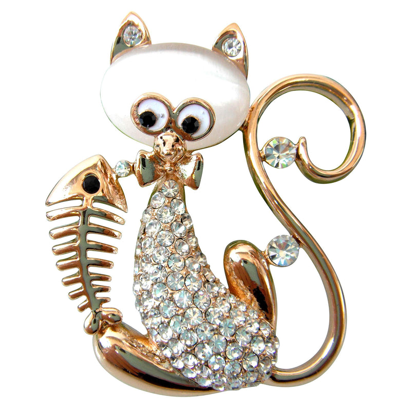 [Australia] - Navachi 18k Gold Plated Cat Eat Fish Bone Opal Brooch Pin White 
