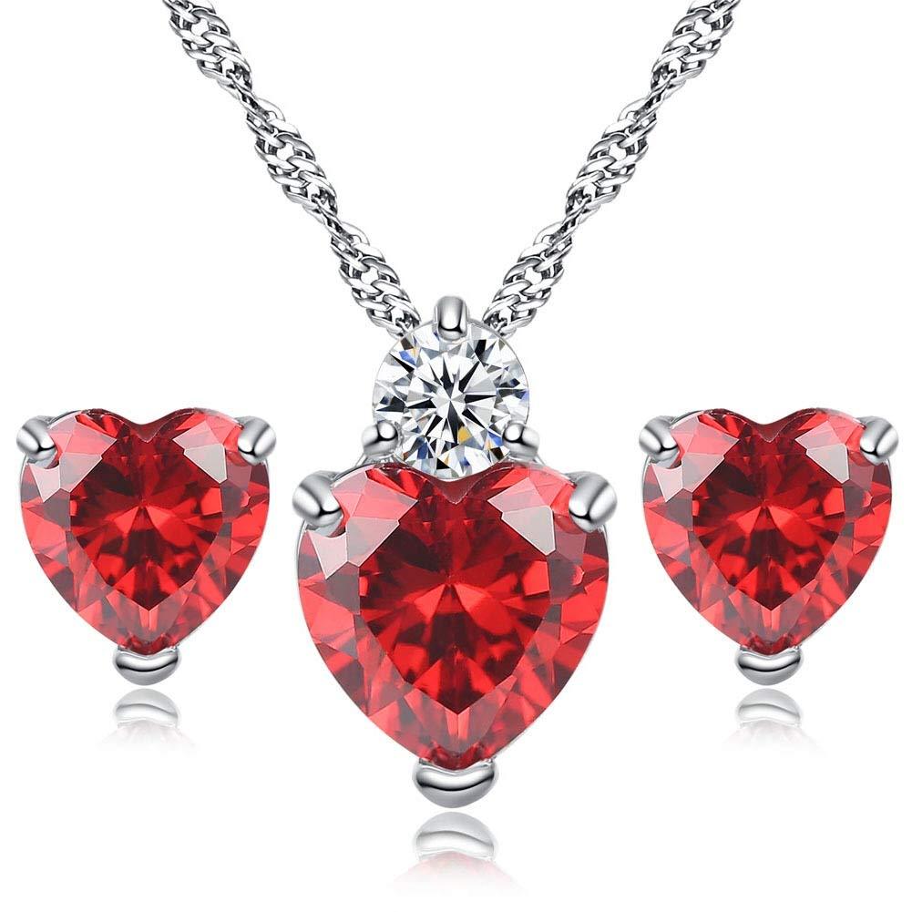 [Australia] - AILUOR White Gold Plated Simulated Ruby Crystal Heart Necklace and Stud Earrings Set - Queen of Hearts Pendant Jewelry Set Silver Chain January Birthstone Evie Red Heart Jewelry Gifts for Women 