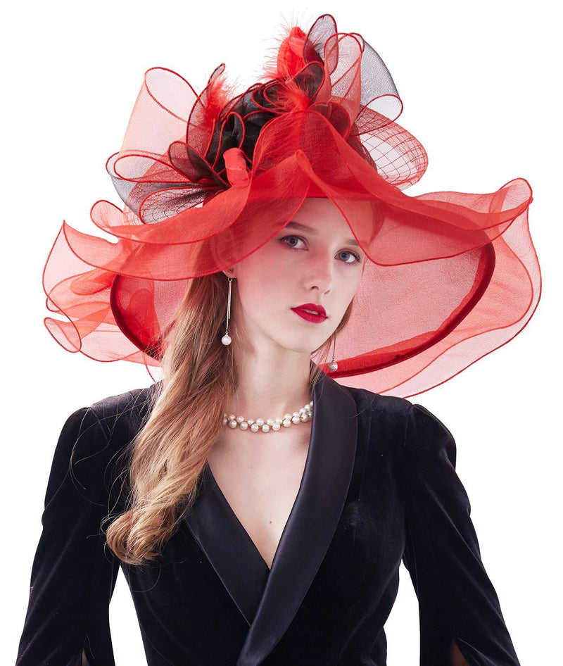 [Australia] - Z&X Women's Kentucky Derby Church Hat Organza Wide Brim Ruffle Fasciantor Hats for Wedding Tea Party with Clip, Dual-use 02d Red and Black 