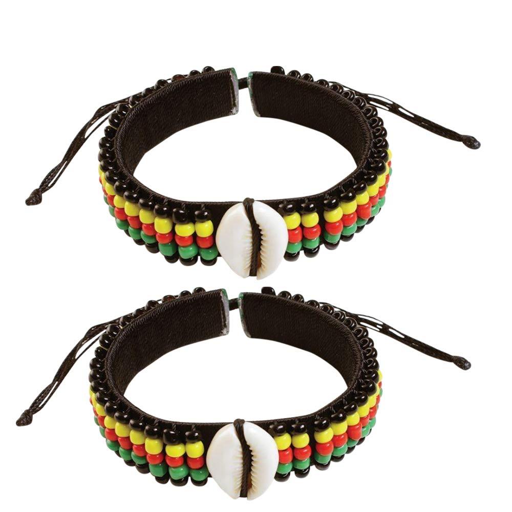 [Australia] - NOVARENA 1-24 Pcs Adjustable Length African Bracelets and Necklaces for Men Women Beaded Bracelets Multi Layer Ethnic Tribal Traditional 2 Pcs Jamaican Rasta Beads with Cowry Shells 
