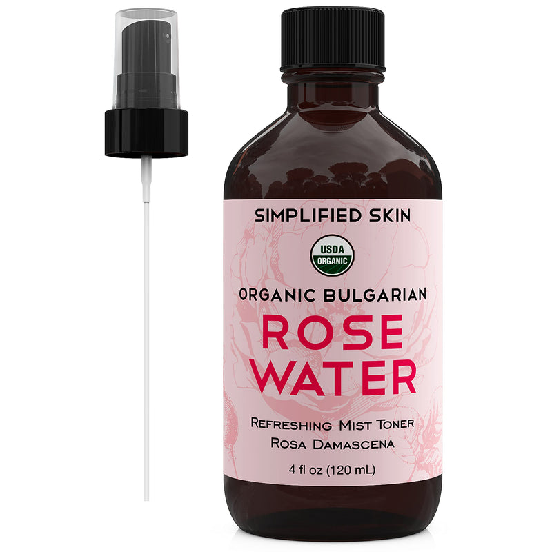 [Australia] - Rose Water for Face & Hair, USDA Certified Organic Facial Toner. Alcohol-Free Makeup Setting Hydrating Spray Mist. 100% Natural Anti-Aging Petal Rosewater by Simplified Skin (4 oz) - 1 Pack 4 Fl Oz (Pack of 1) 