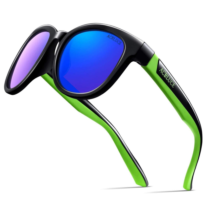 [Australia] - ACBLUCE Kids Polarized Sports Sunglasses TPEE Frame with Adjustable Strap for Boys Girls Age 6-12 A-bright Black/Green Frame|green Revo Lense 
