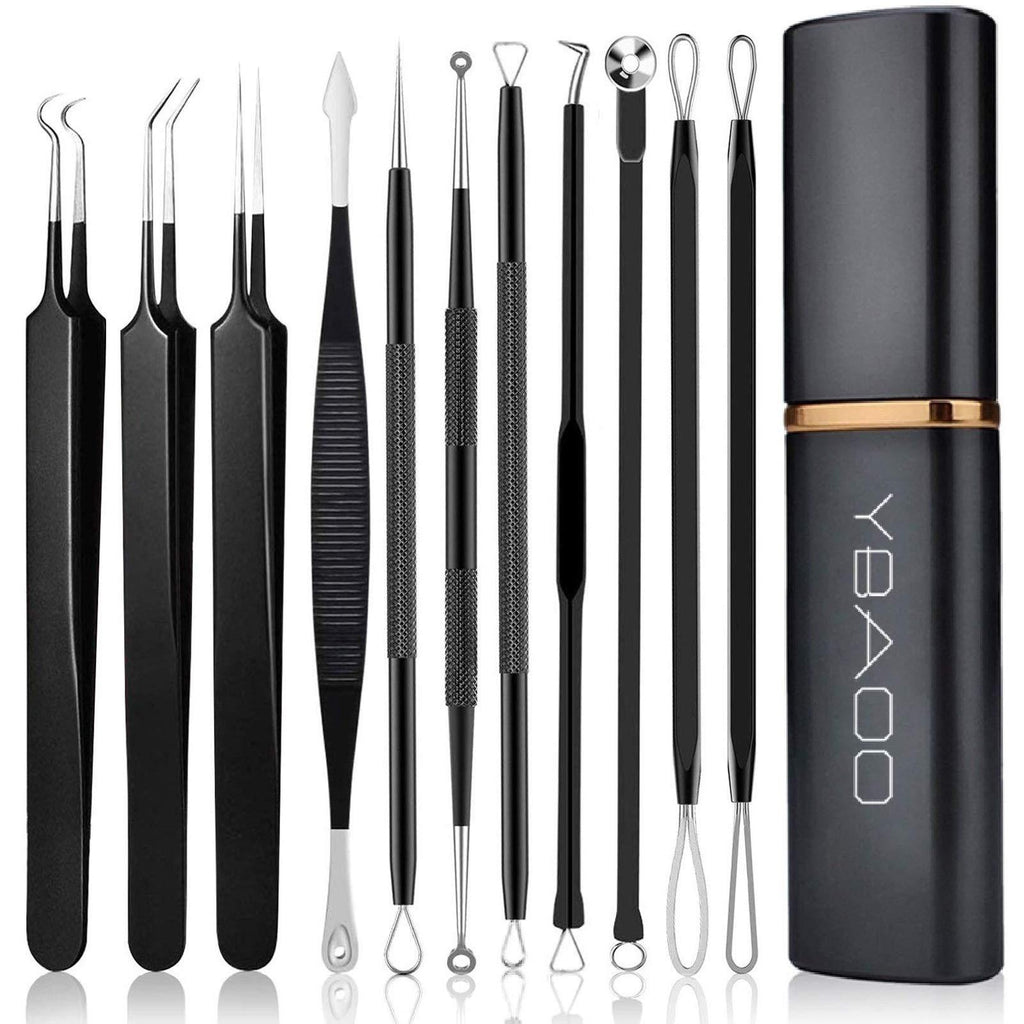 [Australia] - [New]Blackhead Remover Tool 11PCS, Ybaoo Professional Pimple Popper Tool Kit - Treatment for Blackheads, Pimples, Whiteheads and Zit Popper and Metal Case (Black) 