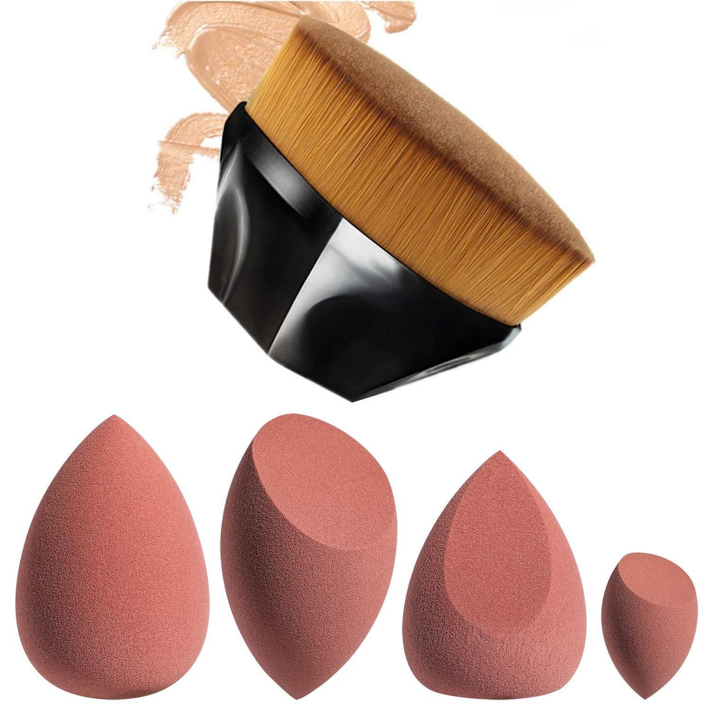 [Australia] - JPNK Foundation Makeup Brush with 4 Makeup Sponges Latex-free for Blending Liquid, Cream or Flawless Powder Cosmetics Brown 