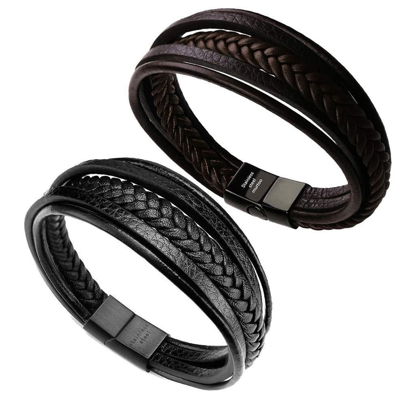 [Australia] - murtoo Mens Leather Bracelet with Magnetic Clasp Cowhide Multi-Layer Braided Leather Mens Bracelet 2pcs Couple leather style&7.5" 