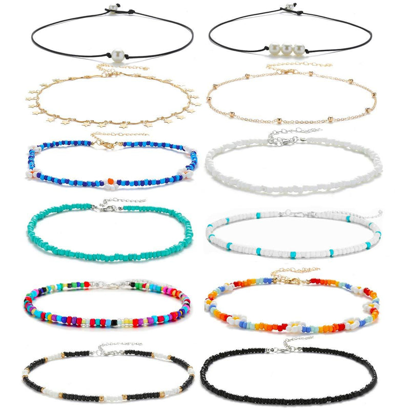 [Australia] - Small Bead Choker Necklace for Women Girls Cute Boho VSCO Beaded Necklaces Adjustable Beach Single Shell Seed Bead Necklace Turquoise Beads Choker Necklace 