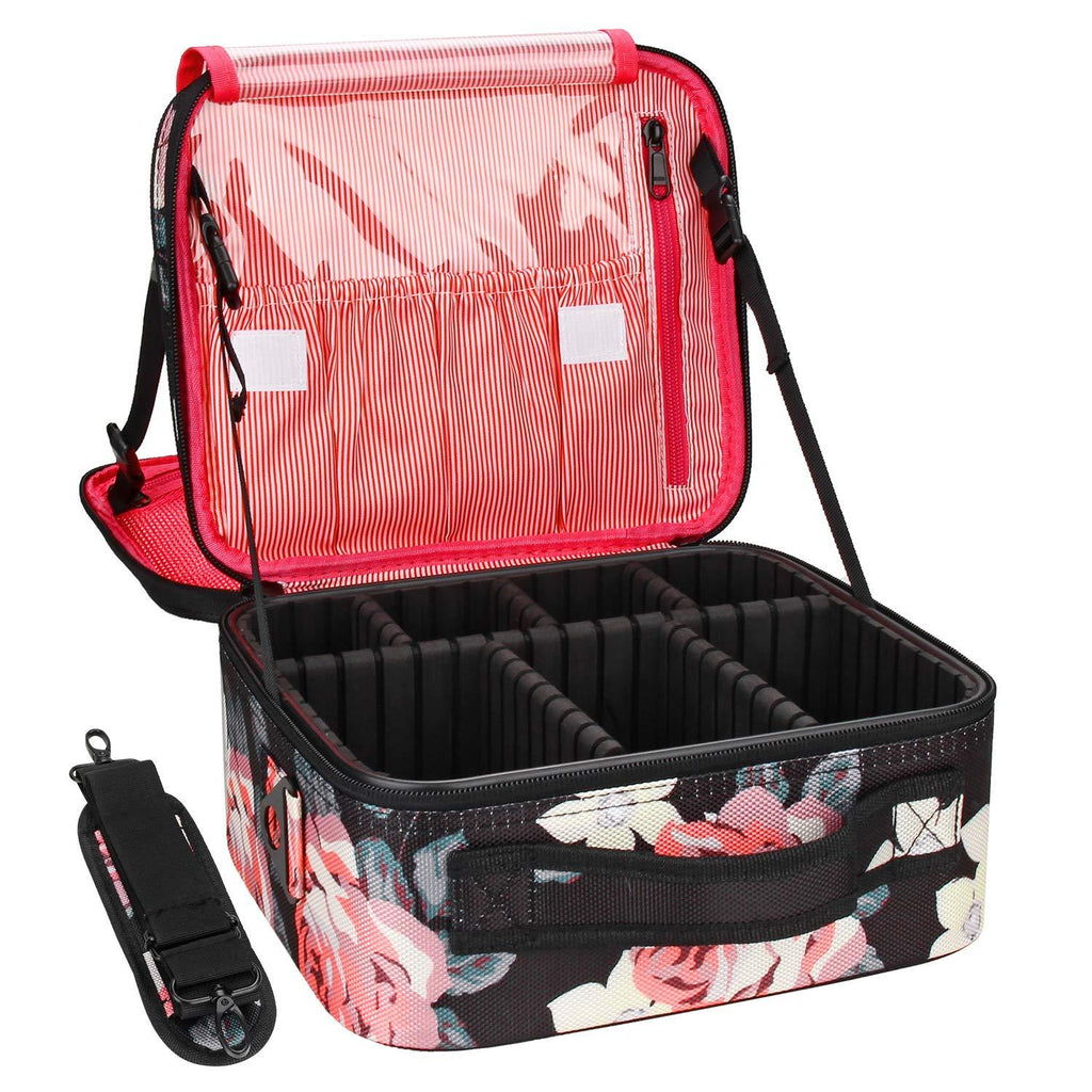 [Australia] - Relavel Travel Makeup Bag 2 Layer Heighten Makeup Train Case Cosmetic Storage and Organizer Box Portable Makeup Carrying Case with Shoulder Strap and Adjustable Dividers (Peony Pattern) Small 1 Peony Pattern 