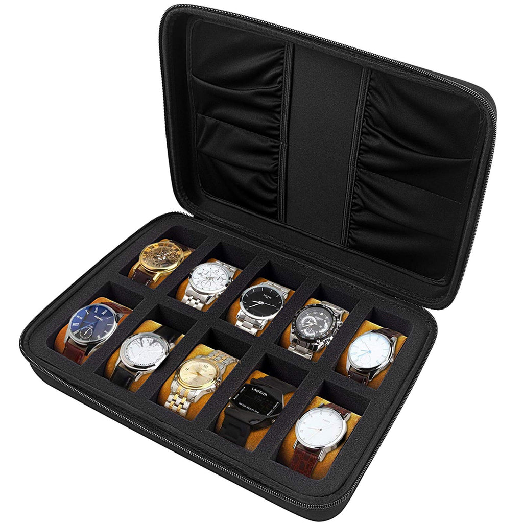 [Australia] - 10 Slots Watch Box Organizer/Men Watch Display Storage Case Fits All Wristwatches and Smart Watches up to 42mm with Extra 4 Pocket for Watch Band and Other Accessories (Black) Brown Pillow 