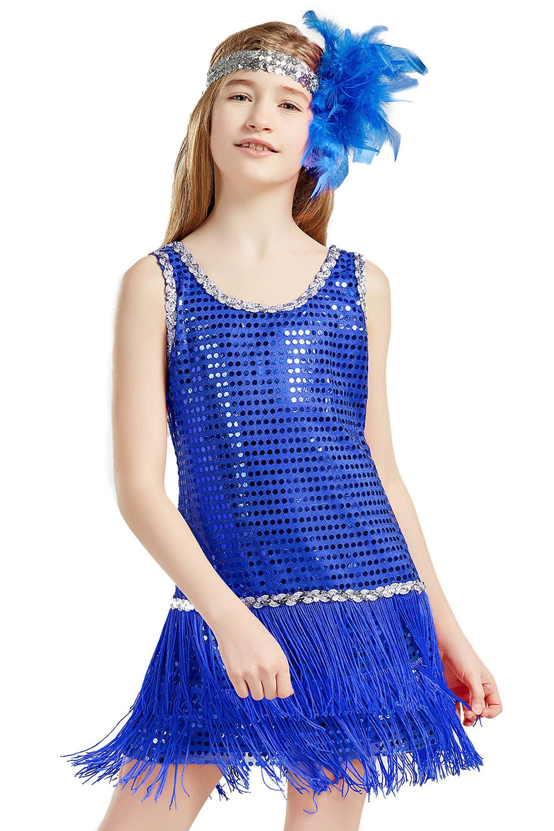 [Australia] - BABEYOND Girls 1920s Flapper Dress Headband Art Deco Gatsby Sequin Dress for Kid Blue X-Small 
