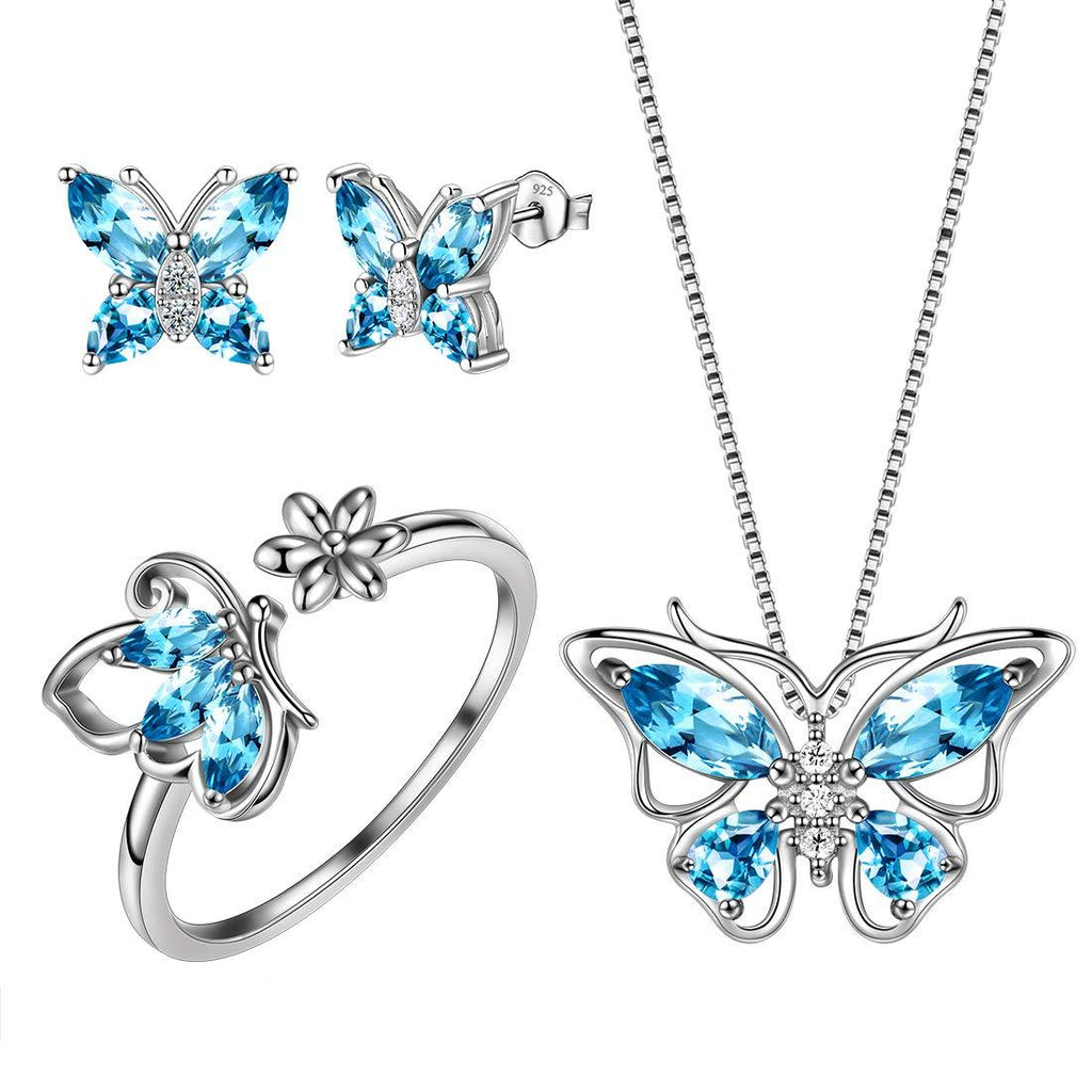 [Australia] - Aurora Tears Butterfly Jewelry Women 925 Sterling Silver Butterflies Necklace/Earrings/Rings Wedding Gift C.Blue-Aquamarine necklace/earrings/ring/sets 