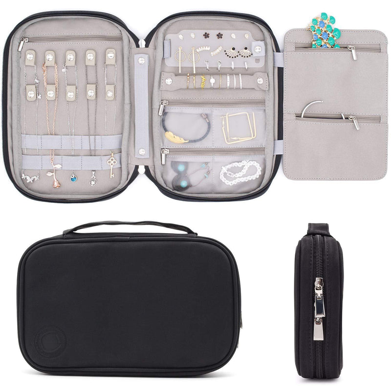 [Australia] - storageLAB Travel Jewelry Organizer, Faux Leather Clutch Bag for Necklaces, Earrings, Rings and Bracelets (Black) Black 