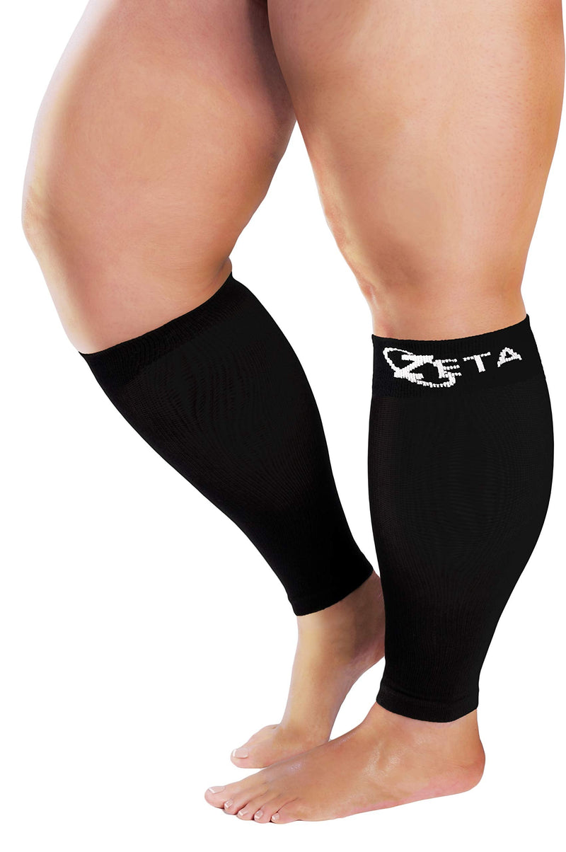 [Australia] - Zeta Sleeve XXL Wide Plus Size Calf Compression, Soothing Comfy Gradient Support, Prevents Swelling, Pain, Edema, DVT, Large Cuffs, Stretch to 26 Inches, Unisex, for Nurses, Seniors, Flights (Black) 