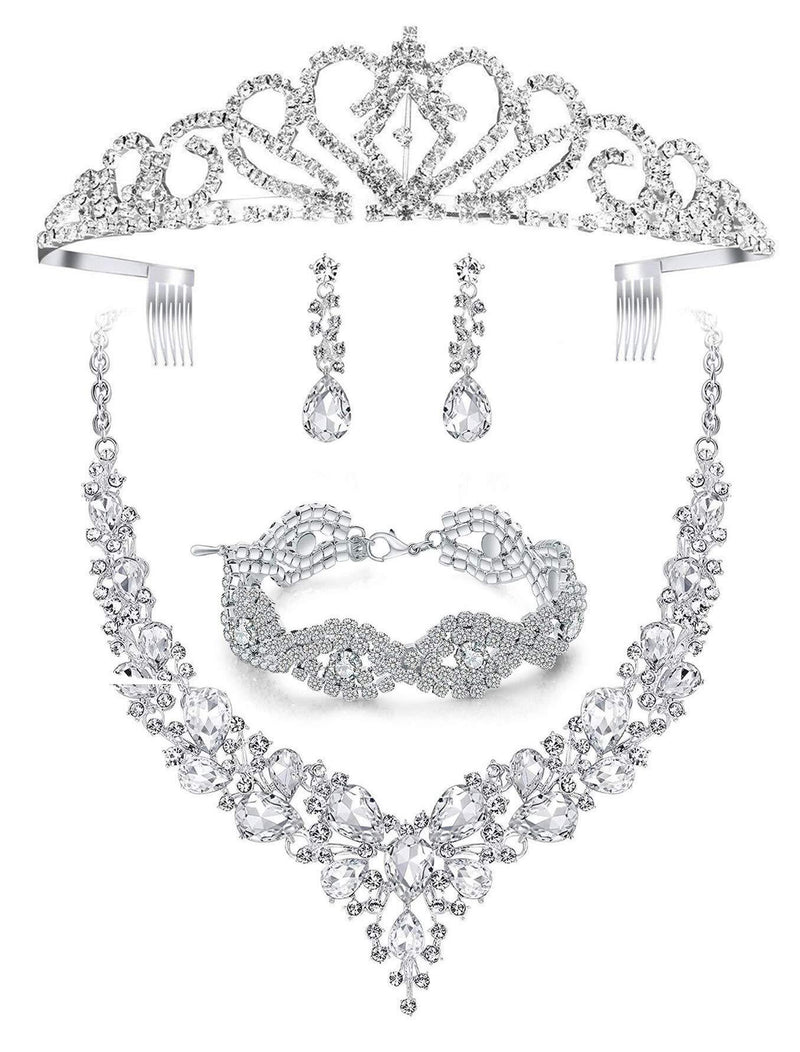 [Australia] - Paxuan Silver Wedding Bridal Prom Crystal Rhinestone Necklace Earrings Bracelet Tiaras Crown Jewelry Sets for Bride Bridesmaid Wedding Dress White-Necklace + Earrings + Bracelet + Tiaras 
