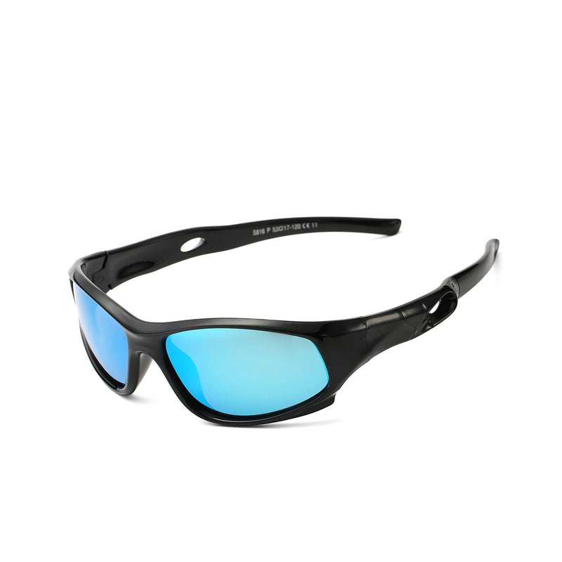 [Australia] - AZORB Sports Polarized Kids Sunglasses TPEE Rubber Flexible Frame for Children Age 3-10 Black/Blue Mirrored 