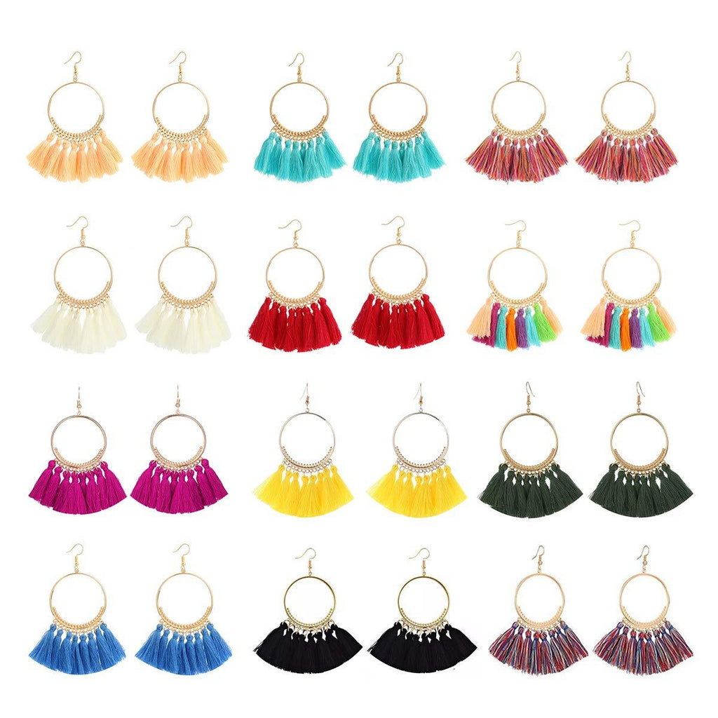 [Australia] - LANTAI 9-18 Pairs Colorful Bohemian Hoop Tassel Earrings Boho Earrings-Fashion V Shape Tassel Earrings Long Fringe Earrings for Women Girls Statement Earrings A-hoop 