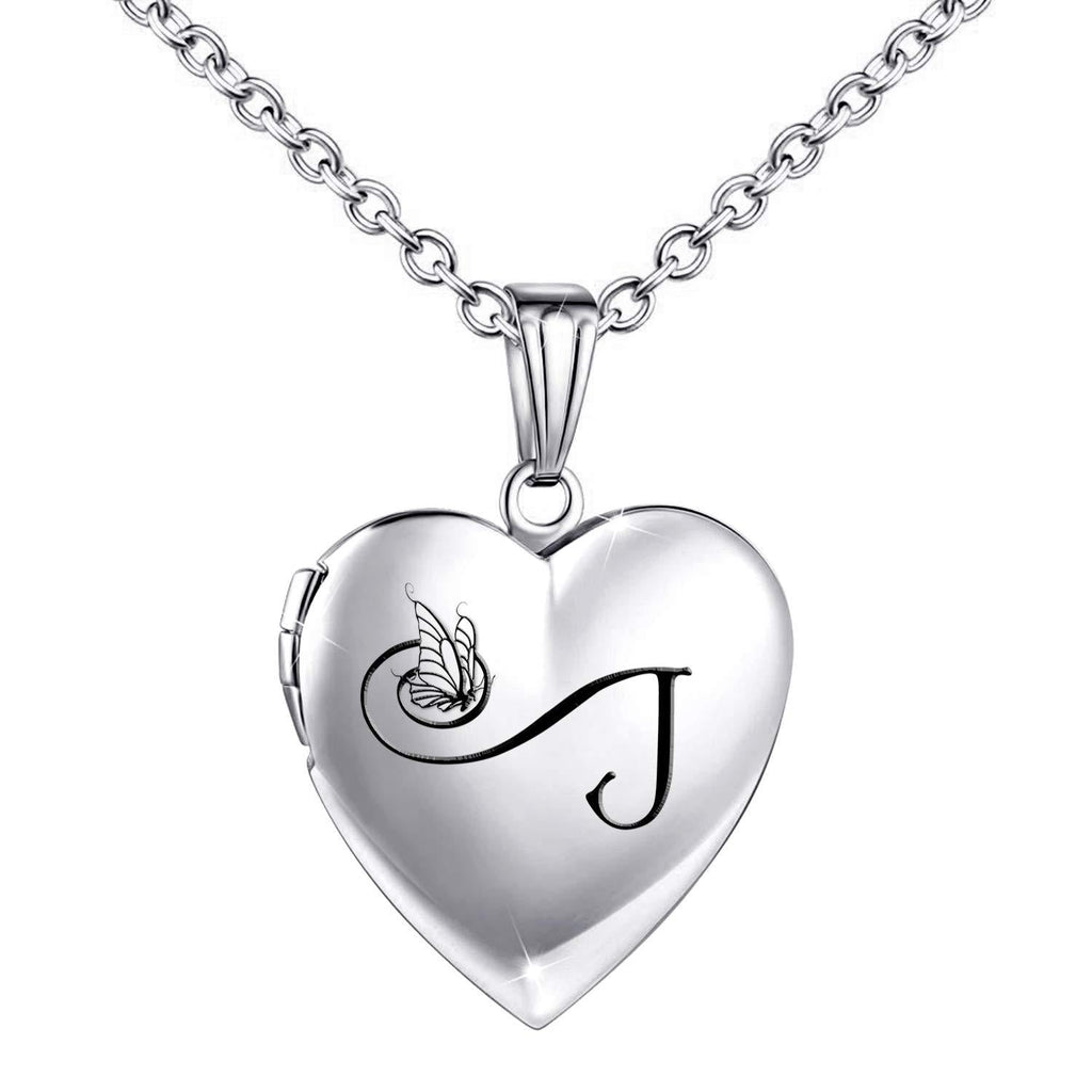 [Australia] - Butterfly Locket Necklace that Holds Pictures Initial Alphabet Letter Heart Shaped Photo Memory Locket Pendant Necklace J 