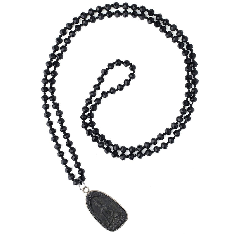 [Australia] - C·QUAN CHI Handmade Crystal Beaded Necklace Women Long Buddha Pendant Necklace Statement Strand Necklace Gifts Jewelry for Women Gifts for Girls Black 