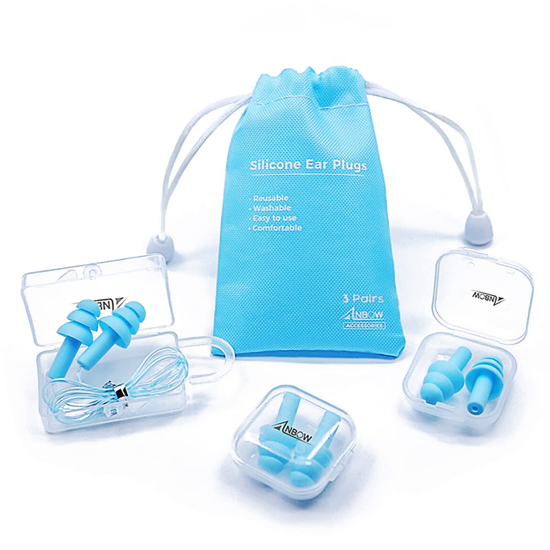 [Australia] - ANBOW Ear Plugs for Sleeping Noise Cancelling. Reusable Silicone Earplugs. Custom Fit - Noise Reduction for Sleeping, Concerts, Work & Swimming. Adjustable to Ear Size. 3 Pairs + Travel Pouch Light Blue 