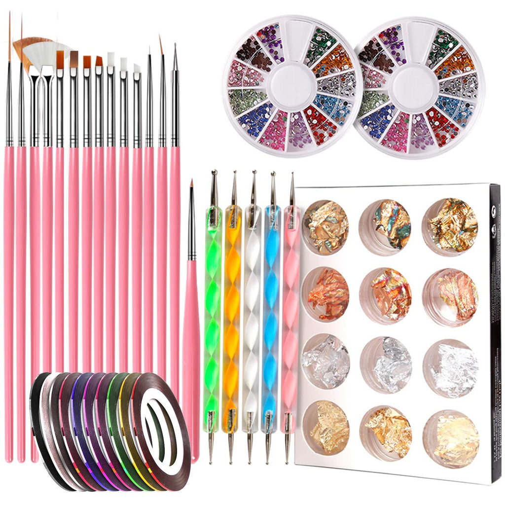 [Australia] - Nail Pen Designer, Teenitor Stamp Nail Art Tool with 15pcs Nail Painting Brushes, Nail Dotting Tool, Nail Foil, Manicure Tape, Color Rhinestones for Nails A-Pink 