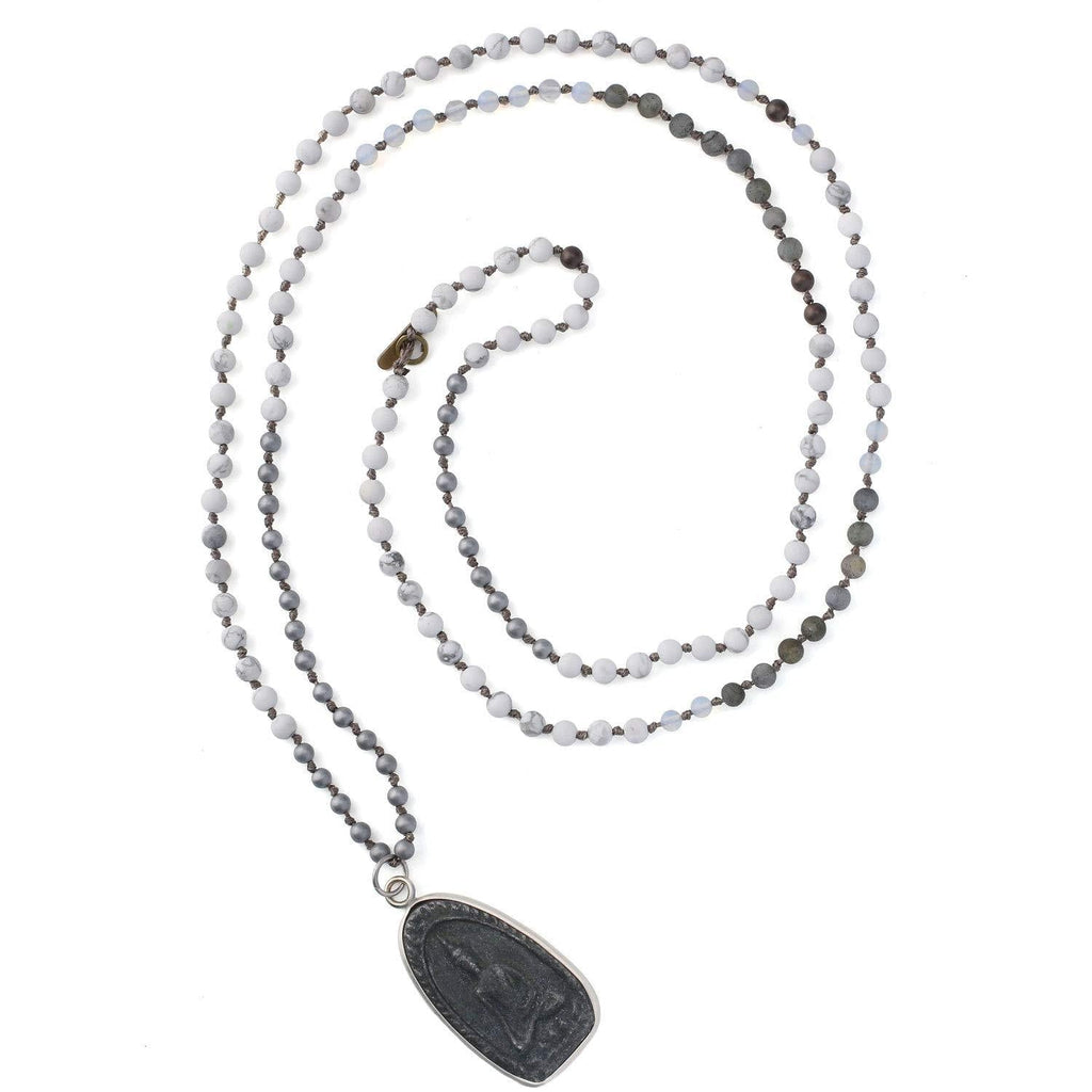 [Australia] - C·QUAN CHI Drop Shaped Crystal Beaded Necklace Triangle Sakyamuni Buddha Pendant Necklace Of Luck Stand Bracelet Long Necklaces 03-White Grey 