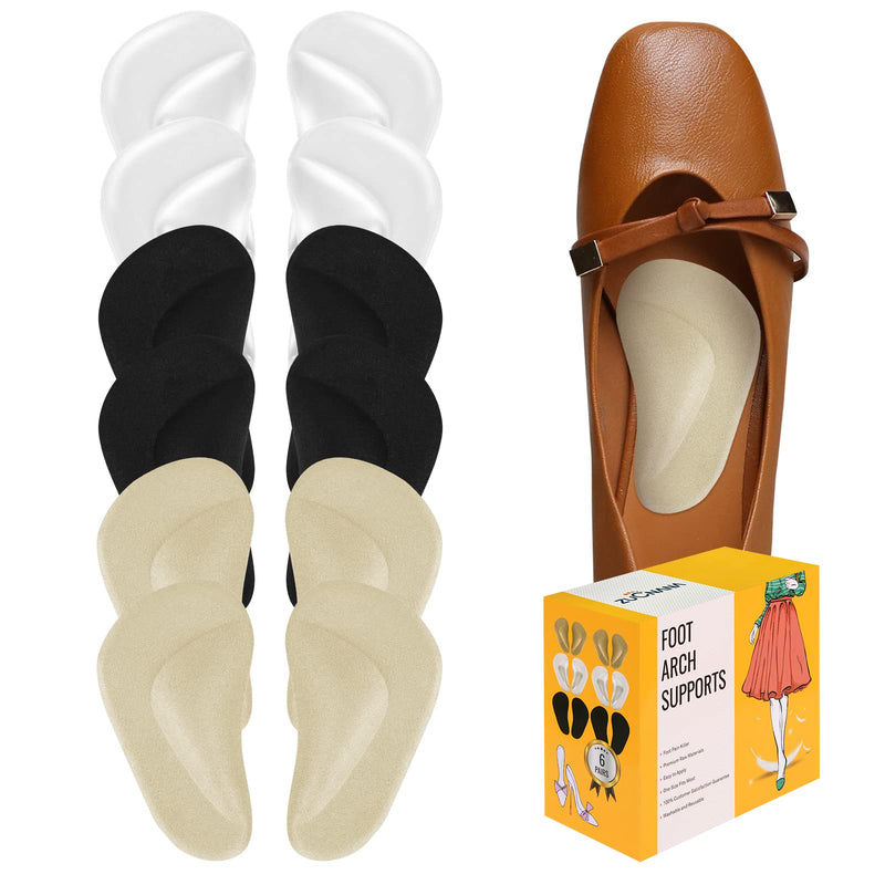 [Australia] - (12 Pieces) Arch Support Shoe Inserts for Flat Feet | Soft Gel Arch Support Insoles for Plantar Fasciitis | Reusable Arch Inserts for Foot Pain Relief Beige + Black + Clear 