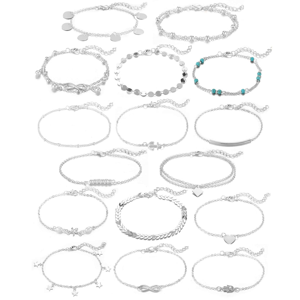 [Australia] - Softones 16Pcs Ankle Bracelets for Women Girls Gold Silver Two Style Chain Beach Anklet Bracelet Jewelry Anklet Set,Adjustable Size A:Silver 