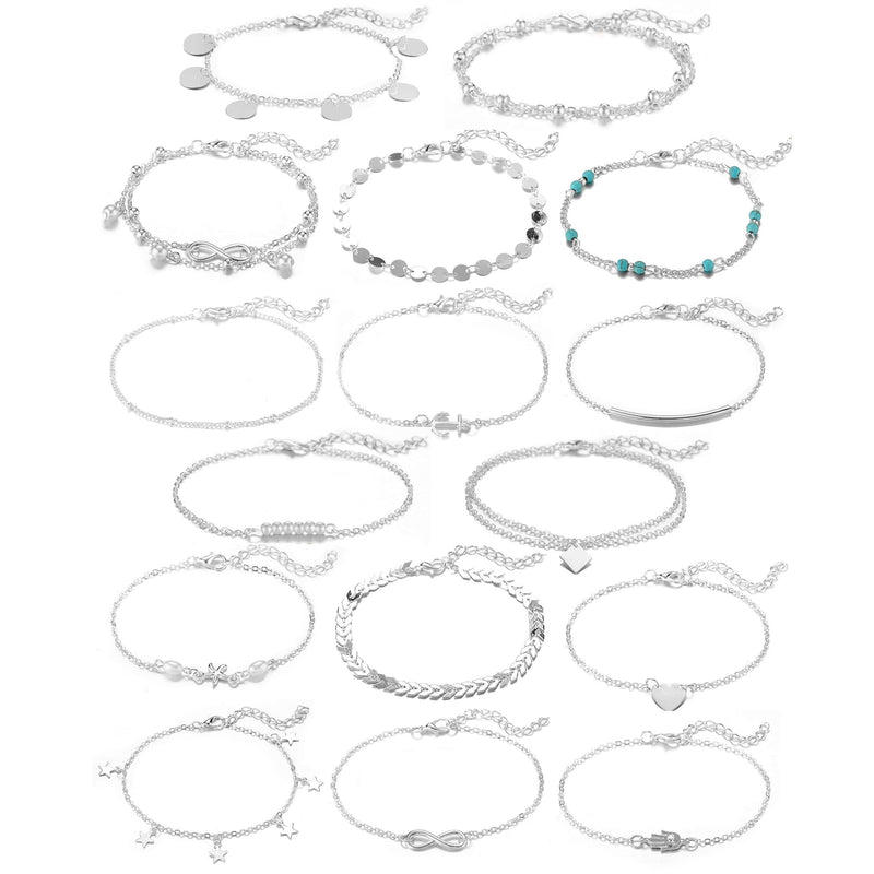 [Australia] - Softones 16Pcs Ankle Bracelets for Women Girls Gold Silver Two Style Chain Beach Anklet Bracelet Jewelry Anklet Set,Adjustable Size A:Silver 