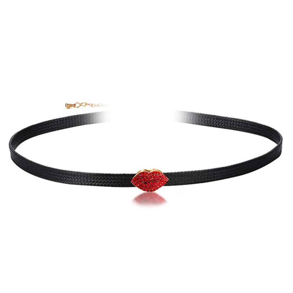 [Australia] - Red Crystal Lips Shape Choker Punk Black Pu Chain Necklace Charm Lips Element Jewelry 