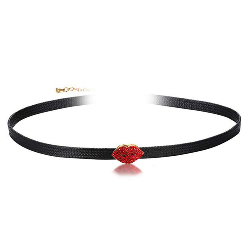 [Australia] - Red Crystal Lips Shape Choker Punk Black Pu Chain Necklace Charm Lips Element Jewelry 