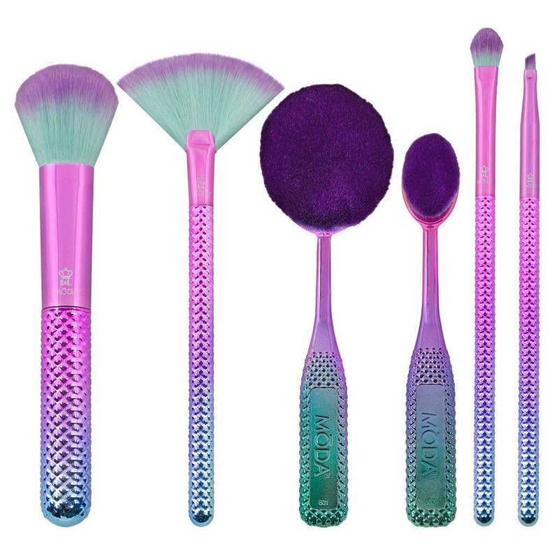 [Australia] - MODA Full Size Prismatic Deluxe Gift 6pc Makeup Brush Set, Includes - Foundation, Contour, Multi-Purpose Powder, Fan, Eye Shader, and Angle Eyeliner Brushes, Pink -Teal Ombre 