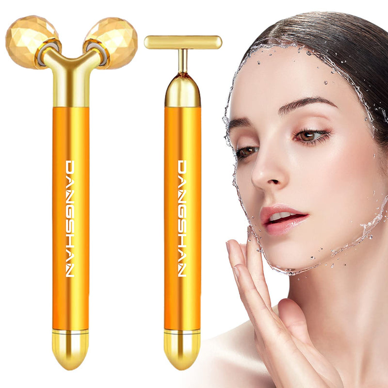 [Australia] - 2-IN-1 Beauty Bar 24k Golden Pulse Facial Face Massager, Electric 3D Roller and T Shape Massager Skin Care Tools Gift Set for Face Lift Anti Wrinkles Skin Tightening Face Firming 
